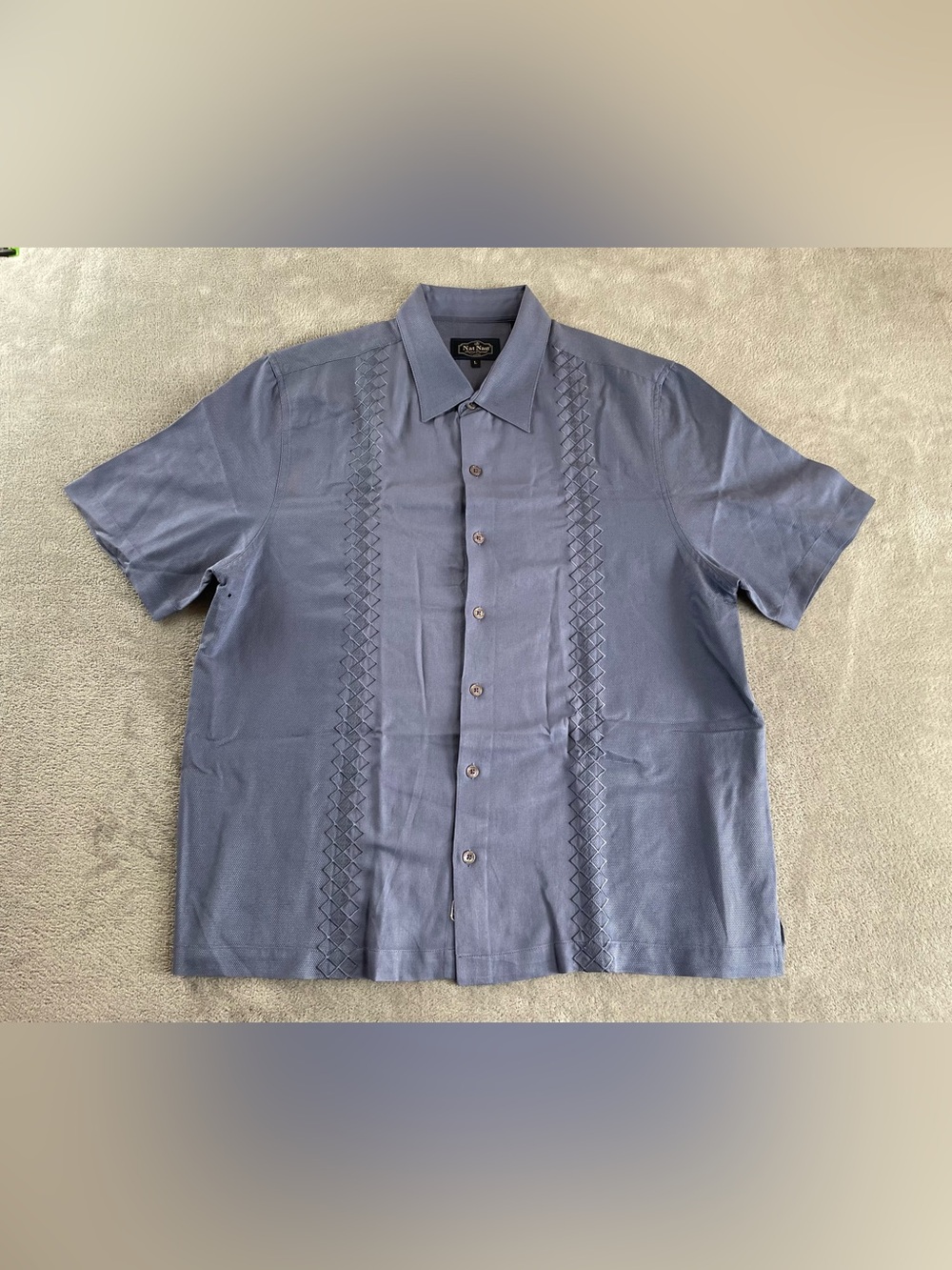 Nat Nast Button Shirt Men’s Large Silk Cotton Short Sleeve Blue Embroidered